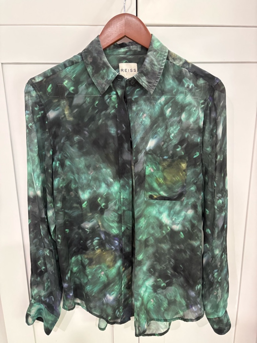 Reiss 100% Silk Green and Black Marble-Print  Blouse